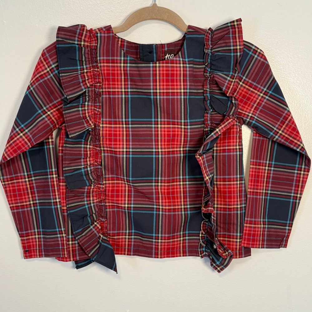 Tea Collection Plaid Ruffle Blouse Kids Size 8 Red Navy Blue Holiday Preppy Top